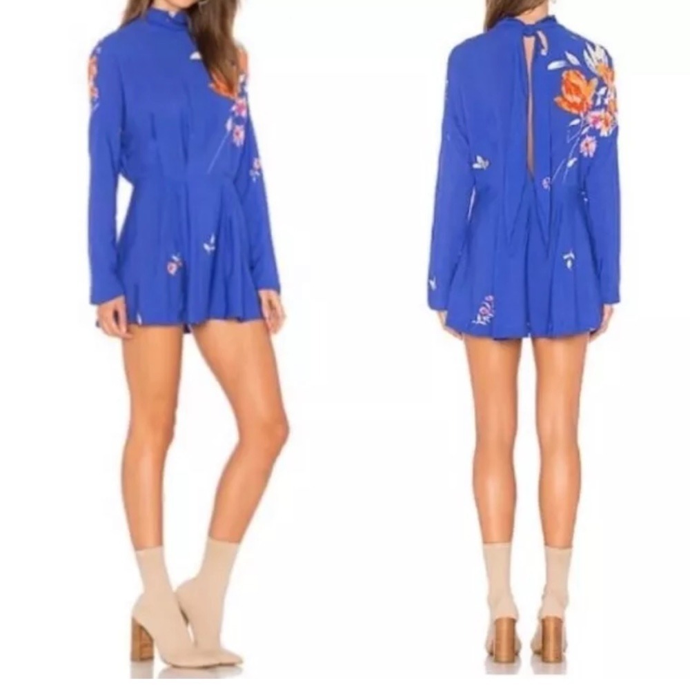 Free People Gemma Watercolor Floral Choker Neck Keyhole Tunic Mini Dress M NWT